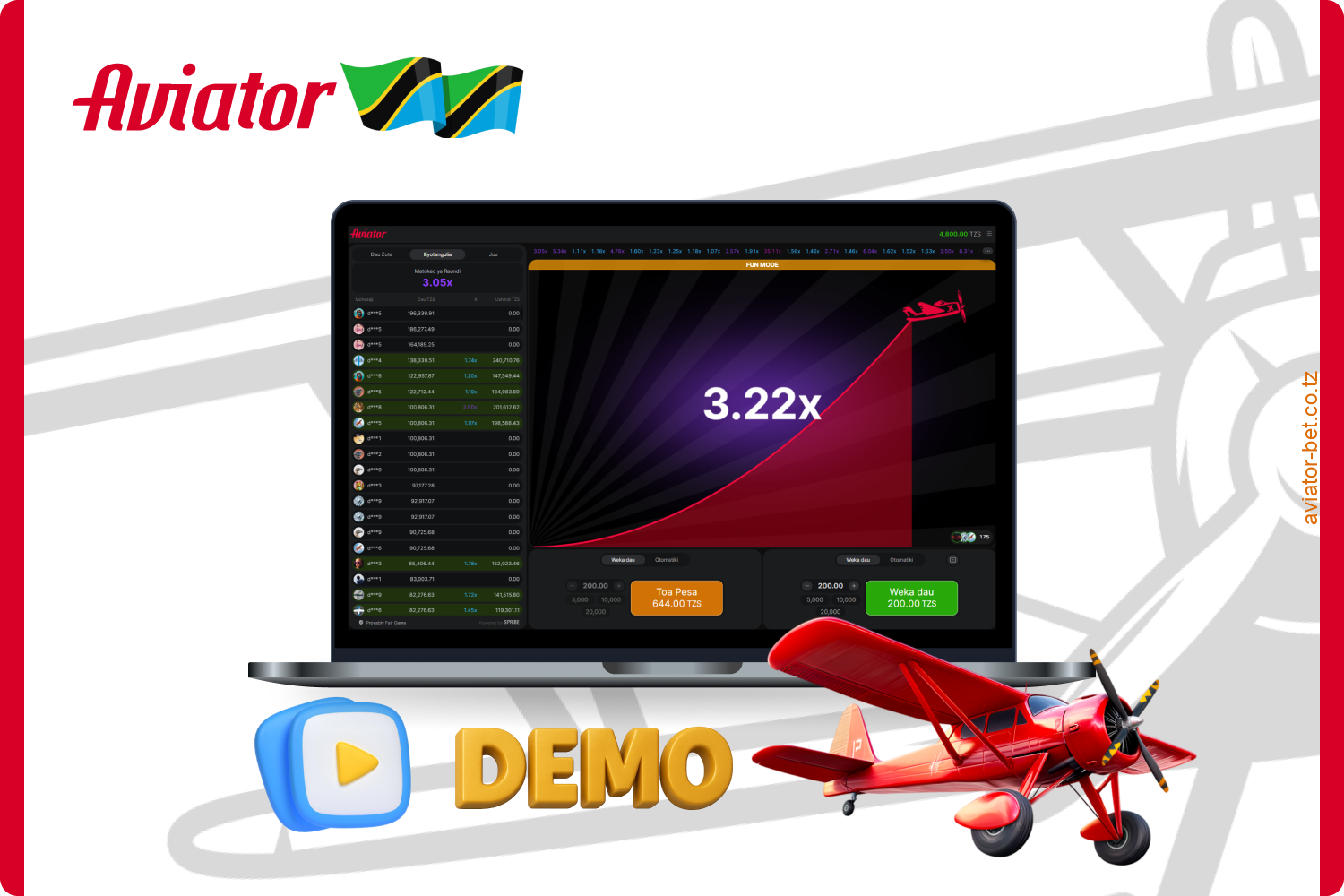 Toleo la demo la mchezo linawezesha wachezaji kutoka Tanzania kufanya mazoezi ya Aviator bila hatari yoyote