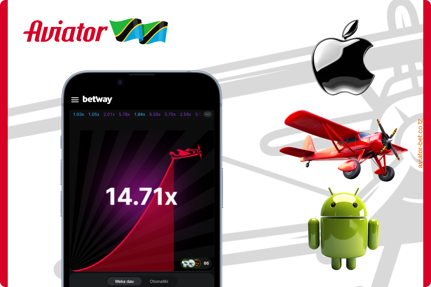 Programu ya simu ya Betway Aviator inaweza kupakuliwa kwenye vifaa vya Android au iOS na kupata vipengele sawa na vile vya kwenye kompyuta
